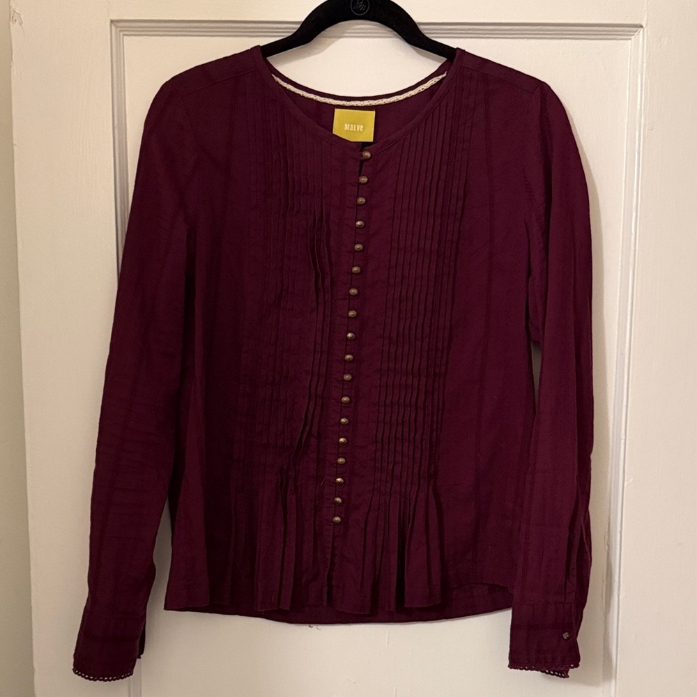 Anthropologie Maeve Women's Wine Pleates Button-Front Blouse